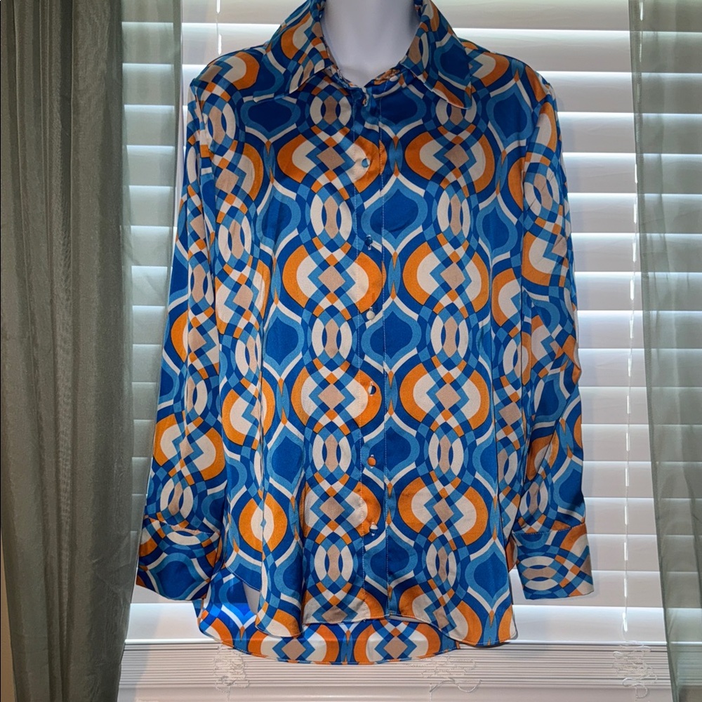 AMISU size S silky blouse, blue, orange and white with beige. Never Worn